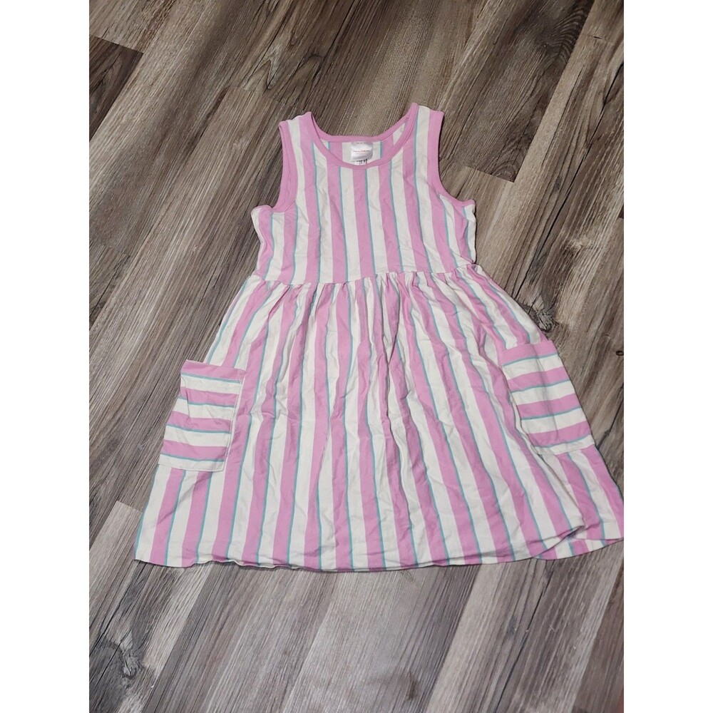 Hanna Andersson Girls Striped Tank Dress Size 8 130 Pink White Teal Pockets Read
